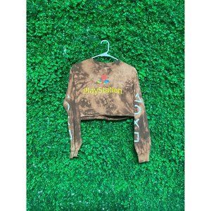 Vintage Acid Wash Playstation Long Sleeve Crop Top T-shirt, Adult Mens Medium